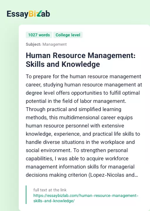 Human Resource Management: Skills and Knowledge - Essay Preview