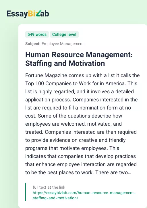 Human Resource Management: Staffing and Motivation - Essay Preview