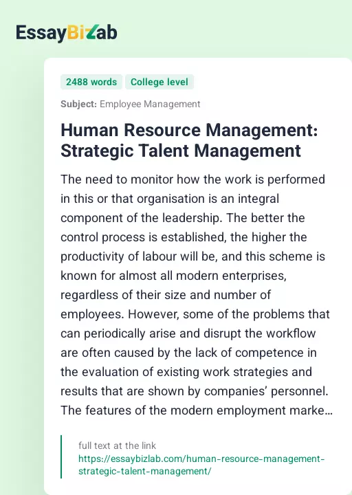 Human Resource Management: Strategic Talent Management - Essay Preview