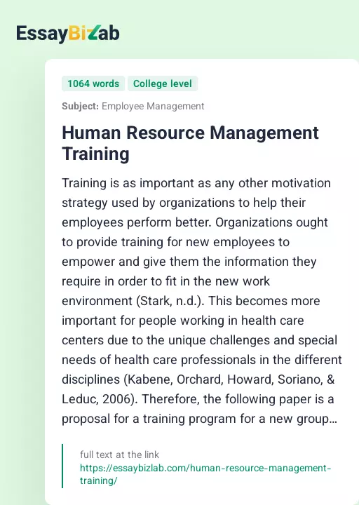 Human Resource Management Training - Essay Preview