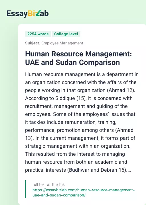Human Resource Management: UAE and Sudan Comparison - Essay Preview