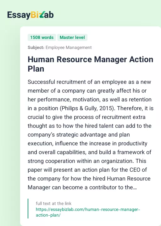Human Resource Manager Action Plan - Essay Preview