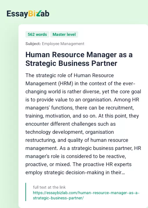 Human Resource Manager as a Strategic Business Partner - Essay Preview