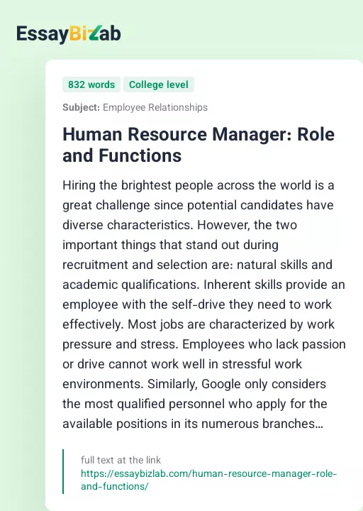 Human Resource Manager: Role and Functions - Essay Preview