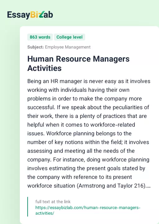 Human Resource Managers Activities - Essay Preview