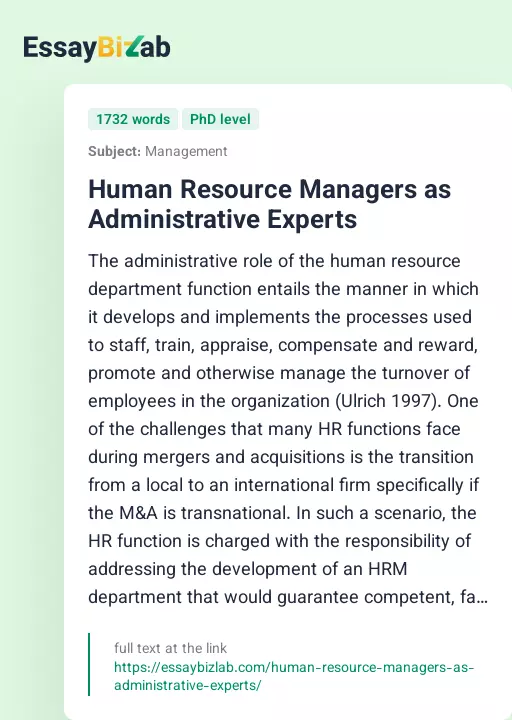 Human Resource Managers as Administrative Experts - Essay Preview