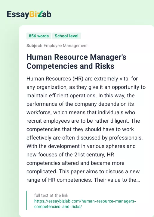 Human Resource Manager's Competencies and Risks - Essay Preview