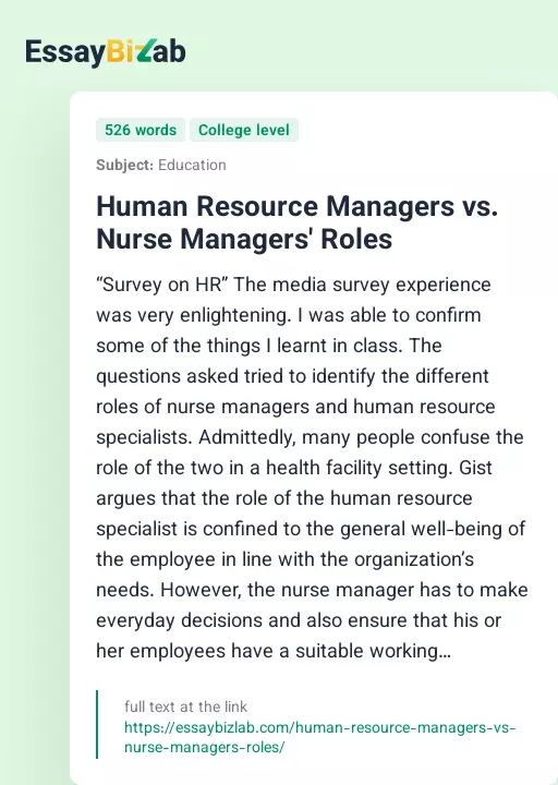 Human Resource Managers vs. Nurse Managers' Roles - Essay Preview