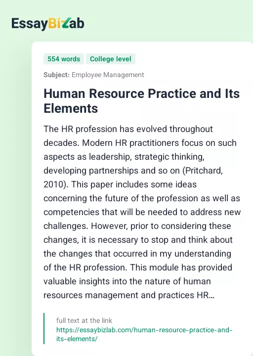 Human Resource Practice and Its Elements - Essay Preview