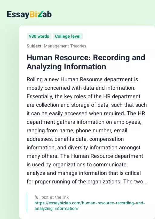 Human Resource: Recording and Analyzing Information - Essay Preview