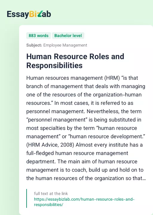 Human Resource Roles and Responsibilities - Essay Preview