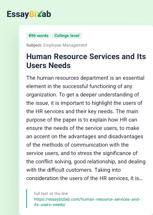 Human Resource Services and Its Users Needs - Essay Preview