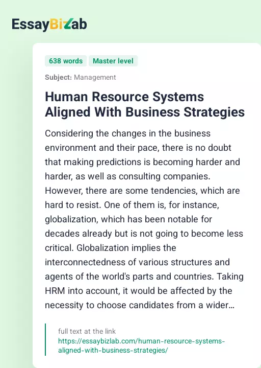 Human Resource Systems Aligned With Business Strategies - Essay Preview