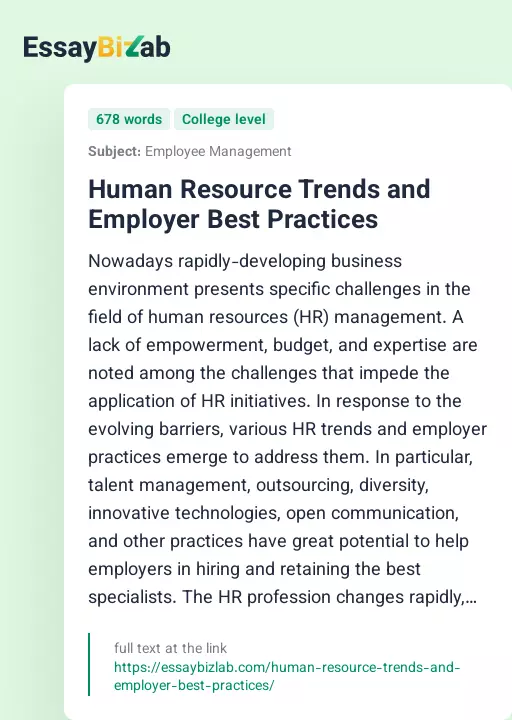 Human Resource Trends and Employer Best Practices - Essay Preview