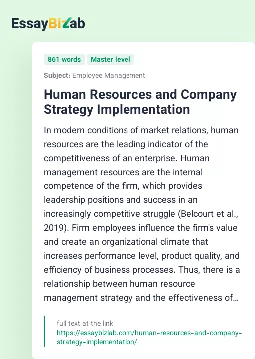 Human Resources and Company Strategy Implementation - Essay Preview
