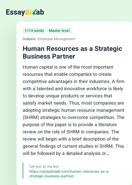 Human Resources as a Strategic Business Partner - Essay Preview