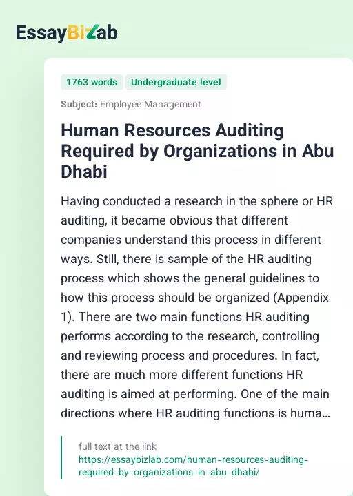 Human Resources Auditing Required by Organizations in Abu Dhabi - Essay Preview