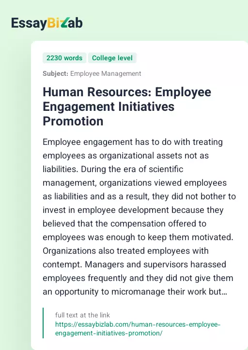 Human Resources: Employee Engagement Initiatives Promotion - Essay Preview
