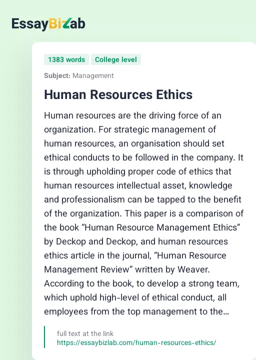 Human Resources Ethics - Essay Preview