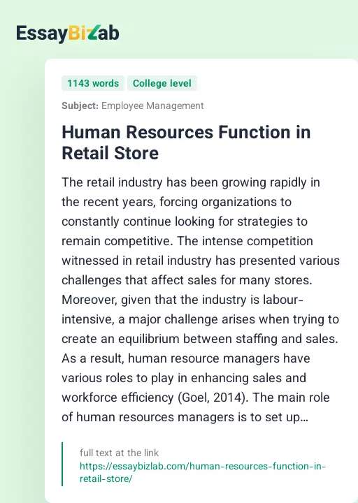 Human Resources Function in Retail Store - Essay Preview
