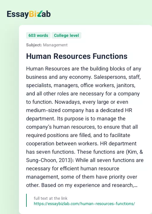 Human Resources Functions - Essay Preview