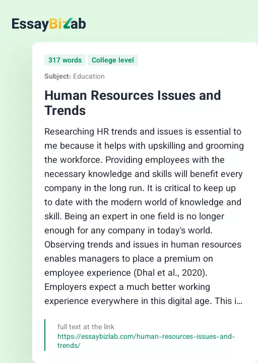 Human Resources Issues and Trends - Essay Preview