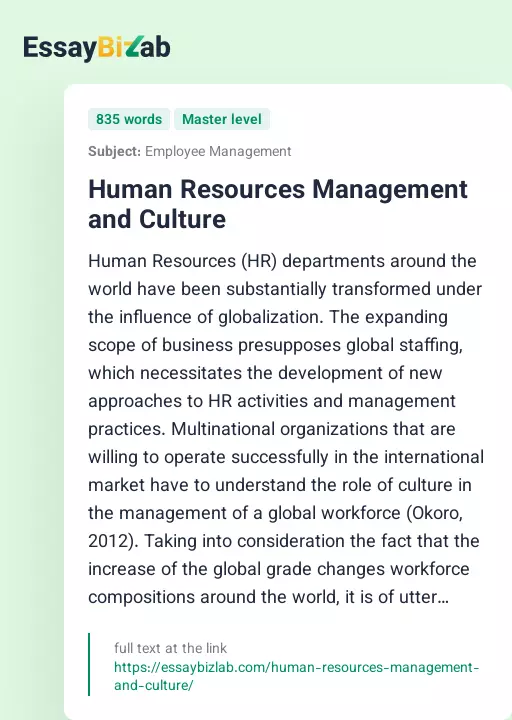 Human Resources Management and Culture - Essay Preview