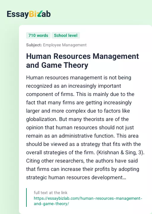 Human Resources Management and Game Theory - Essay Preview