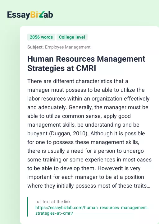 Human Resources Management Strategies at CMRI - Essay Preview