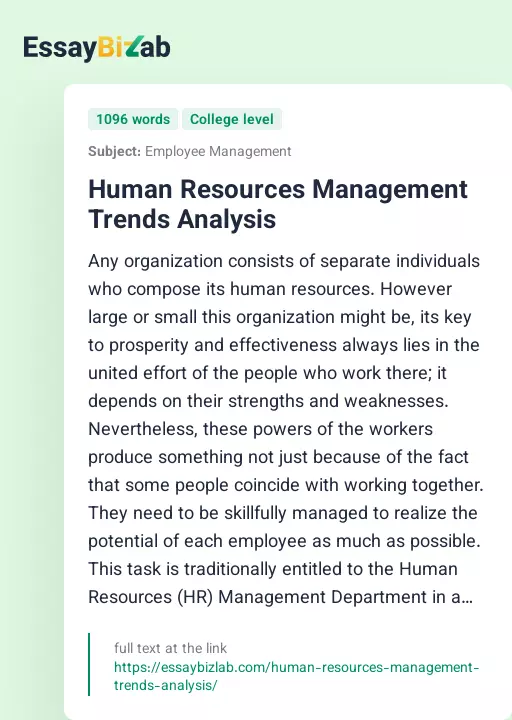 Human Resources Management Trends Analysis - Essay Preview