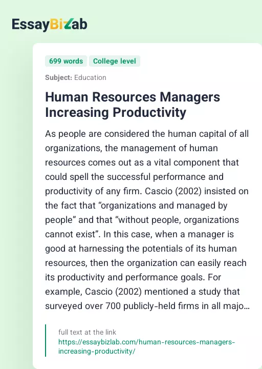 Human Resources Managers Increasing Productivity - Essay Preview