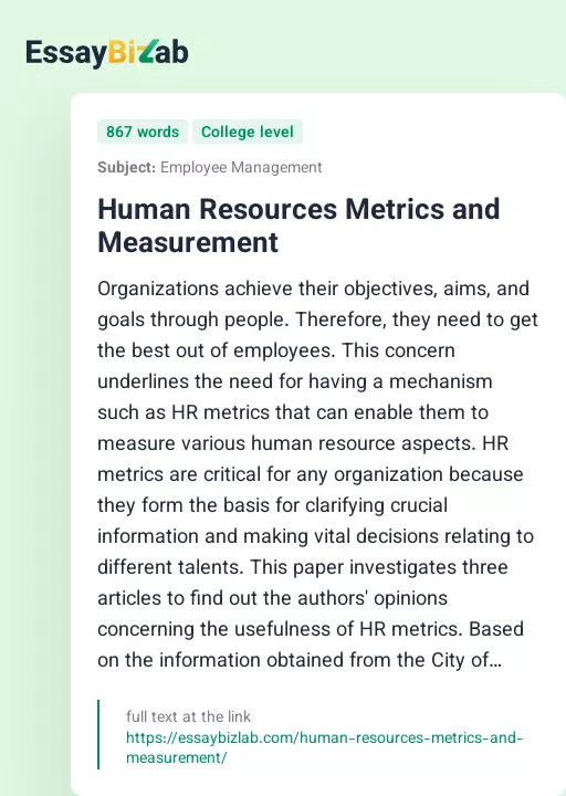 Human Resources Metrics and Measurement - Essay Preview