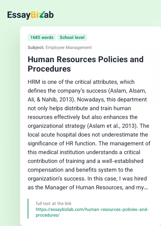 Human Resources Policies and Procedures - Essay Preview