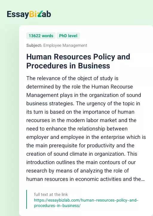 Human Resources Policy and Procedures in Business - Essay Preview
