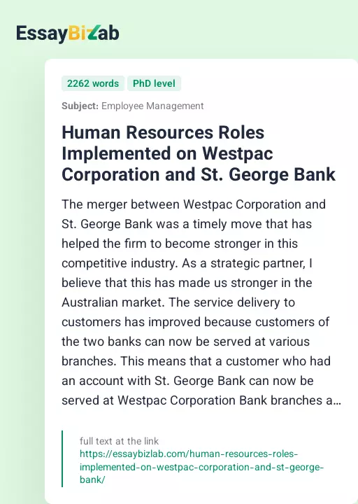 Human Resources Roles Implemented on Westpac Corporation and St. George Bank - Essay Preview