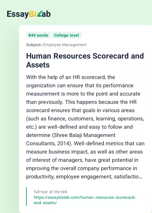 Human Resources Scorecard and Assets - Essay Preview