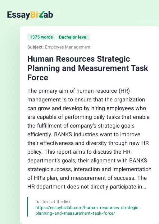 Human Resources Strategic Planning and Measurement Task Force - Essay Preview