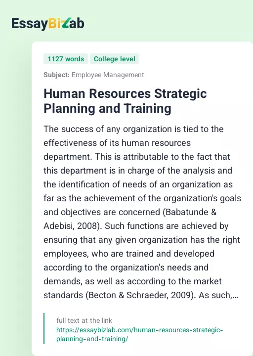 Human Resources Strategic Planning and Training - Essay Preview