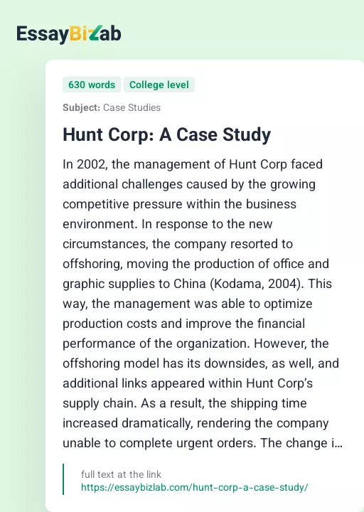 Hunt Corp: A Case Study - Essay Preview