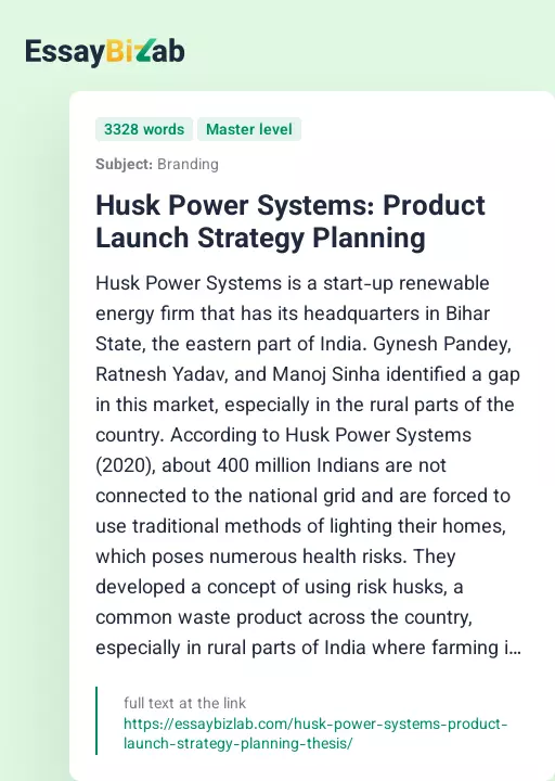 Husk Power Systems: Product Launch Strategy Planning - Essay Preview