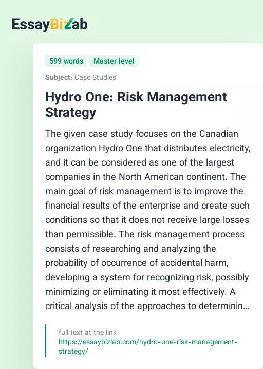 Hydro One: Risk Management Strategy - Essay Preview