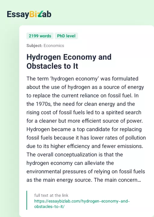 Hydrogen Economy and Obstacles to It - Essay Preview
