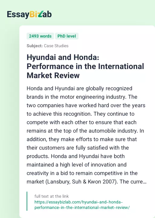 Hyundai and Honda: Performance in the International Market Review - Essay Preview