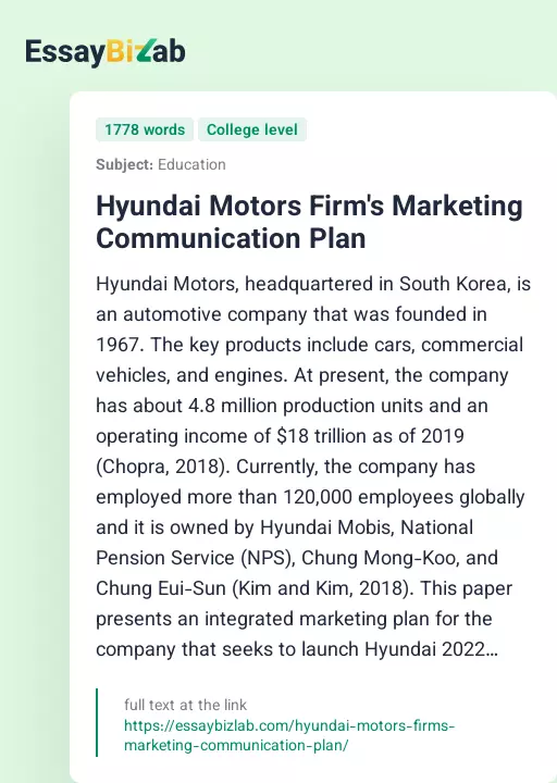 Hyundai Motors Firm's Marketing Communication Plan - Essay Preview