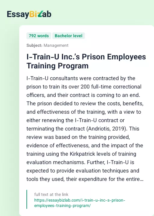 I-Train-U Inc.’s Prison Employees Training Program - Essay Preview