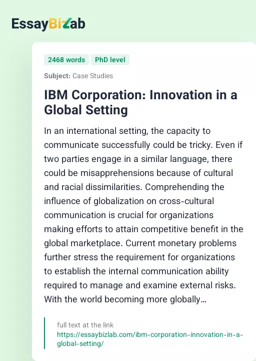 IBM Corporation: Innovation in a Global Setting - Essay Preview