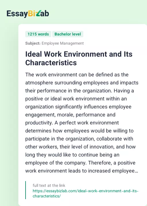 Ideal Work Environment and Its Characteristics - Essay Preview