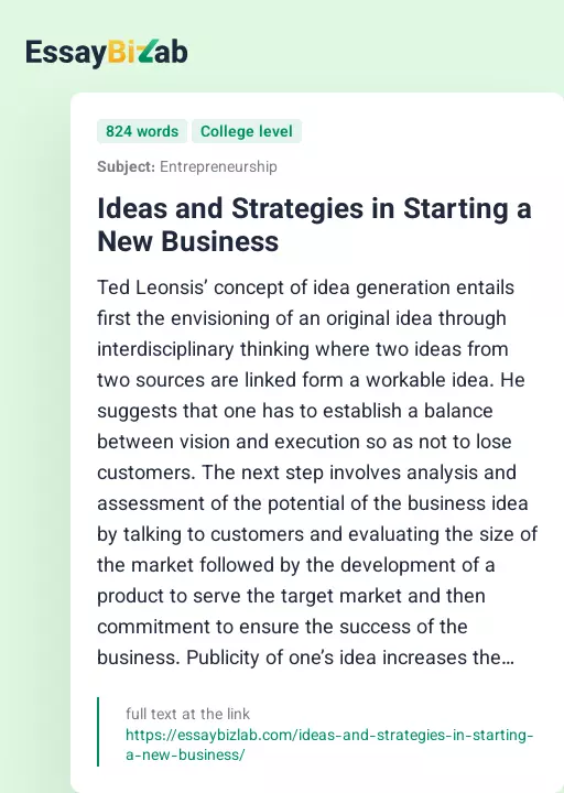Ideas and Strategies in Starting a New Business - Essay Preview