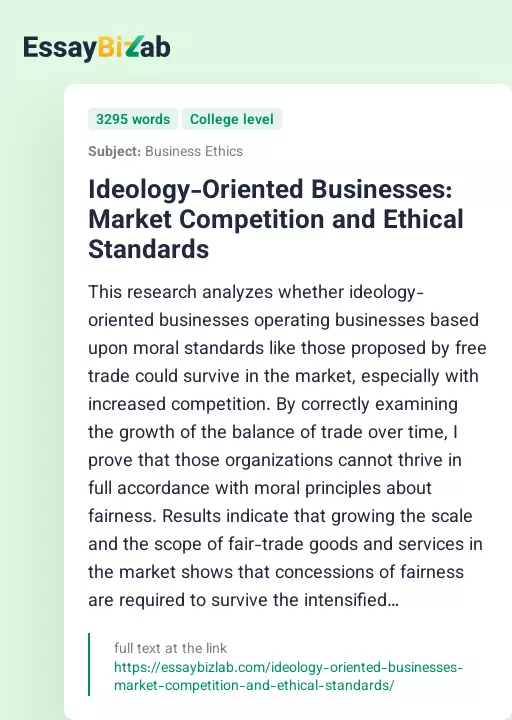 Ideology-Oriented Businesses: Market Competition and Ethical Standards - Essay Preview