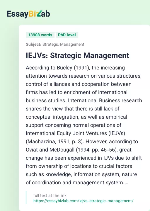 IEJVs: Strategic Management - Essay Preview